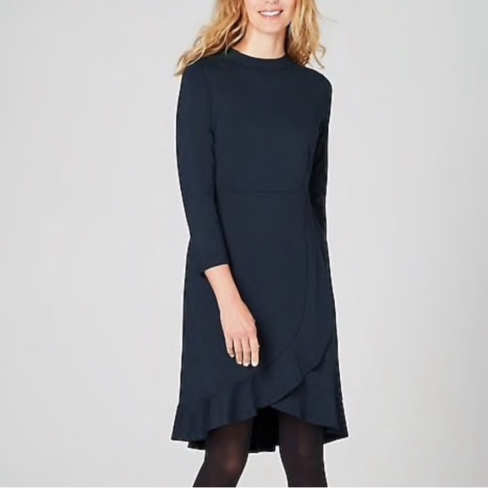 J Jill Ponte Knit Navy Blue Midi Ruffle Hem Dress Size Medium Petite
